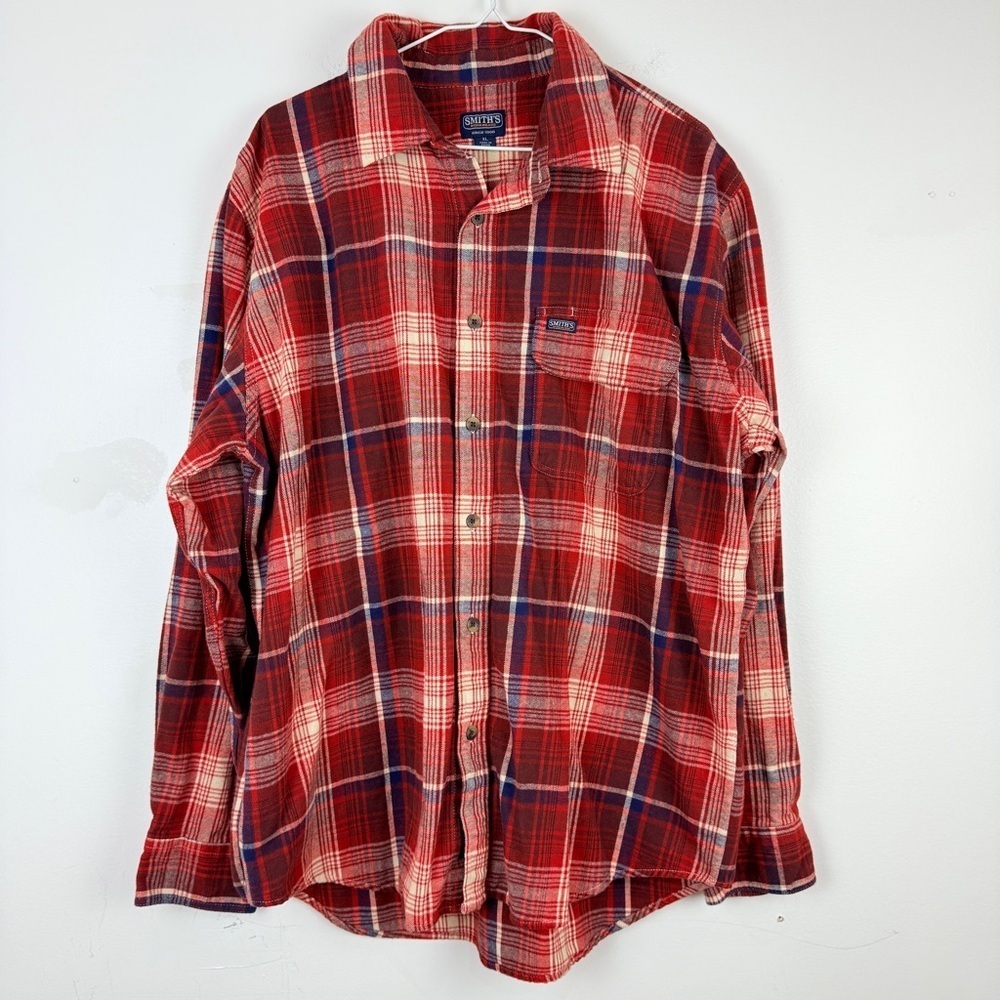 Smith’s Red Plaid Flannel Classic Workwear Button-Down Warm Outdoorsy Layer